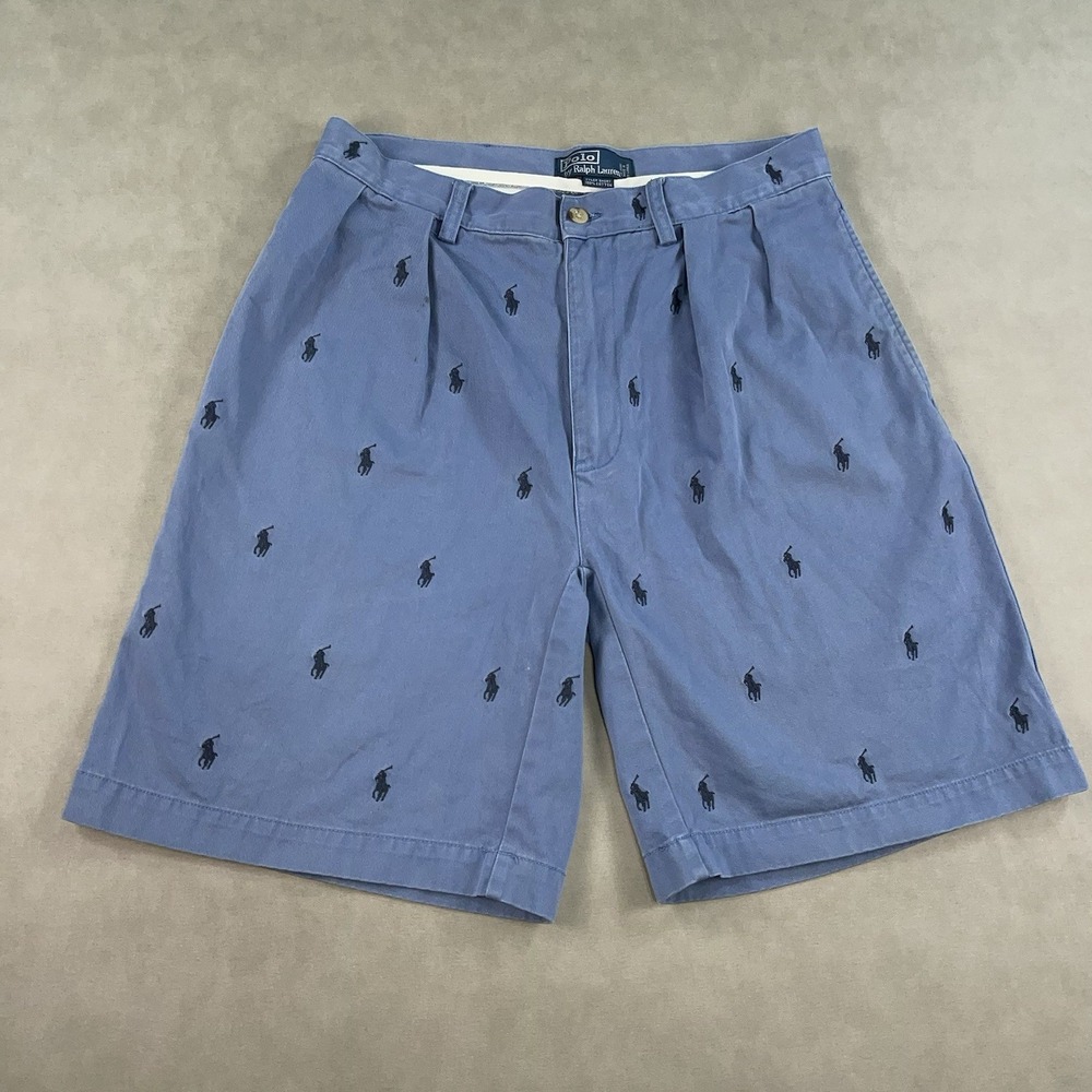 Vintage Polo Ralph Lauren All Over Print Shorts Mens 32 Blue Pleated *READ